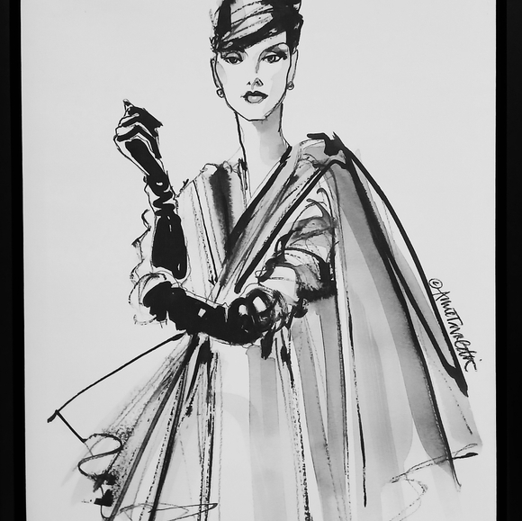 ANNE TAVOLETTI Original Vintage Fashion Sketch Canvas Model In Cape and Gloves - Picture 12 of 12